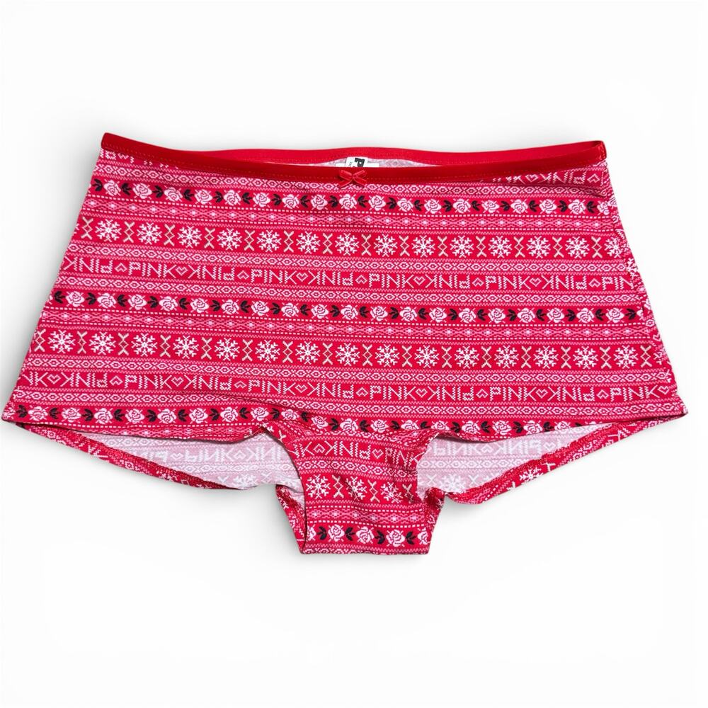 Victoria's Secret Panty Large Cotton Boyshorts Velvet Trim Holiday Red Pattern